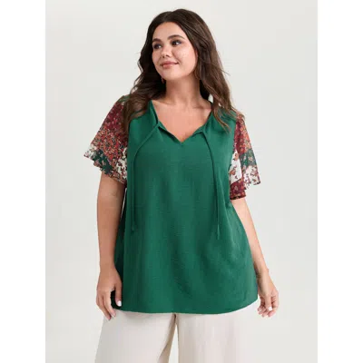 Bloomchic Women's Plus Size Floral Collage Print Keyhole Neckline Blouse Emerald Non Vacation Short Sleeve 10/ In Green