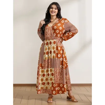 Bloomchic Women's Plus Size Floral Collage Print Lantern Sleeve Maxi Dress Multicolor Floral Maxi Casual Overl