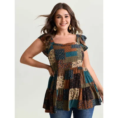 Bloomchic Women's Plus Size Floral Collage Print Layered Tank Top Multicolor Vacation Babydoll Square Neck 12/