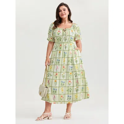 Bloomchic Women's Plus Size Floral Collage Print Ruffled Neckline Midi Dress Multicolor Floral Midi Elegant Ti