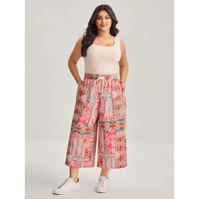 Bloomchic Women's Plus Size Floral Collage Stretchy Waist Wide-leg Pants Multicolor Floral Wide Leg Mid Rise V