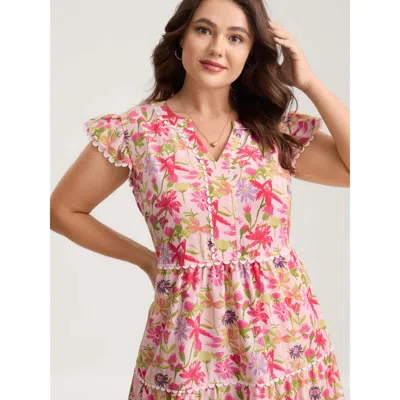 Bloomchic Women's Plus Size Floral Color Block Lace Trim Midi Dress Blush Floral Midi Casual Woven Ribbon&lace In Pink