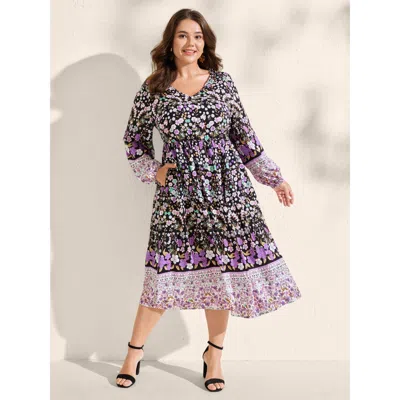 Bloomchic Women's Plus Size Floral Color Contrast Elastic Cuff Midi Dress Blackflower Floral Midi Vacation But