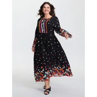 Bloomchic Women's Plus Size Floral Color Contrast Flared Sleeve Maxi Dress Multicolor Floral Maxi Vacation 12/