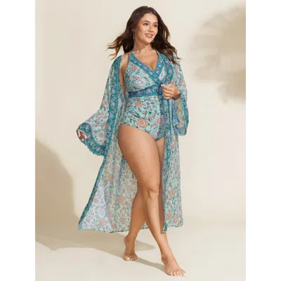 Bloomchic Women's Plus Size Floral Color Contrast Front-tie Swim Cover-up Azure Long Sleeve Relaxed Fit 12/l In Blue