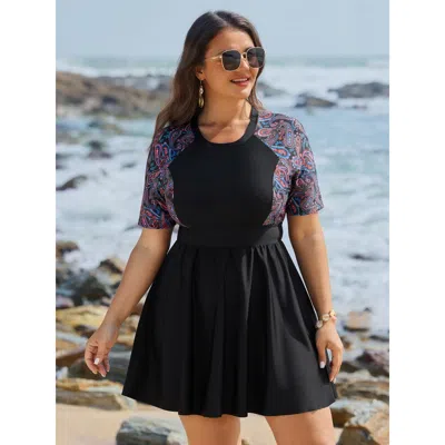 Bloomchic Women's Plus Size Floral Color Contrast Pockets Swim Dress Black Paisley Patchwork Bust Support 12/l