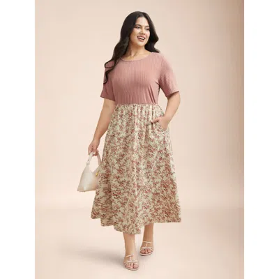 Bloomchic Women's Plus Size Floral Color Contrast Ribbed Pockets Midi Dress Rouge Ditsy Floral Midi Elegant Pa In Red