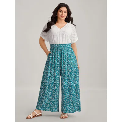 Bloomchic Women's Plus Size Floral Color Contrast Shirred Jumpsuit Cerulean Casual 28/5x In Blue