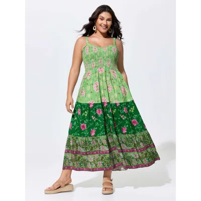 Bloomchic Women's Plus Size Floral Color Contrast Tiered Maxi Dress Greenbean Floral Maxi Vacation Smocked 14-