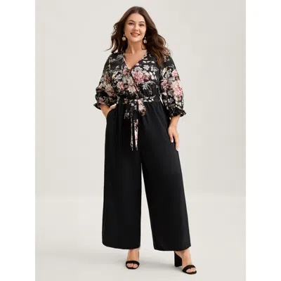 Bloomchic Women's Plus Size Floral Contrast Belted Wide-leg Jumpsuit Black Elegant 22-24/3x