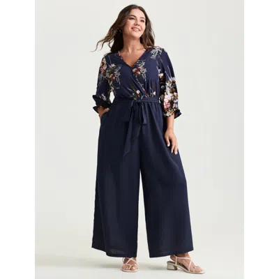 Bloomchic Women's Plus Size Floral Contrast Belted Wide-leg Jumpsuit Indigo Elegant 30/6x In Purple