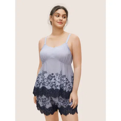 Bloomchic Women's Plus Size Floral Contrast Lace Panel Adjustable Pajama Top Blue Plants Sleeveless 10/m