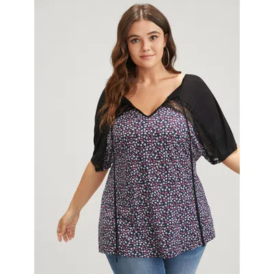 Bloomchic Women's Plus Size Floral Contrast Lace Ties Neck T-shirt Darkblue Short Sleeve Dailywear 10/m In Blue
