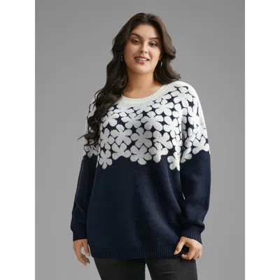 Bloomchic Women's Plus Size Floral Contrast Patchwork Drop Shoulder Pullover Indigo Long Sleeve 12/l In Purple