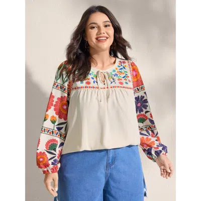 Bloomchic Women's Plus Size Floral Contrast Pleated Neck Tie Blouse Beige Floral Vacation Long Sleeve 12/l In Sand