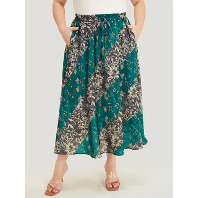 Bloomchic Women's Plus Size Floral Contrast Pocket Knot Front Skirt Multicolor Colorblock Dailywear 10/m