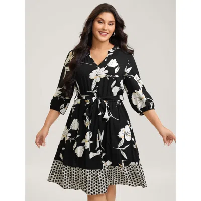 Bloomchic Women's Plus Size Floral Contrast Polka Dots Midi Dress Black Floral Knee Office 30/6x