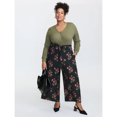 Bloomchic Women's Plus Size Floral Contrast Print Back-tie Jumpsuit Armygreen Elegant 22-24/3x