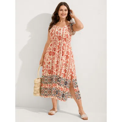 Bloomchic Women's Plus Size Floral Contrast Print Cap Sleeve Midi Dress Rust Floral Midi Vacation Slit 28/5x In Brown