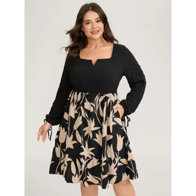 Bloomchic Women's Plus Size Floral Contrast Print Pockets Midi Dress Black Floral Knee Elegant Elastic Waist 2