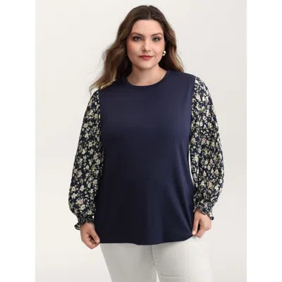 Bloomchic Women's Plus Size Floral Contrast Stretchy Knit Top Darkblue Extra Long Sleeve Elegant 10/m In Blue