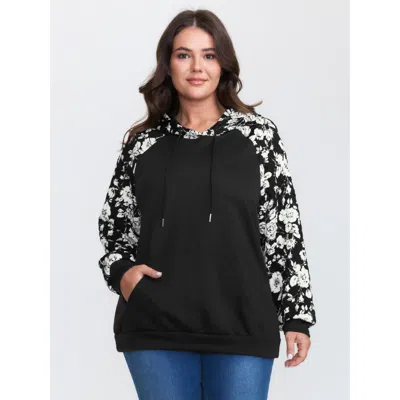 Bloomchic Women's Plus Size Floral Contrast Textured Pockets Hoodie Black Not Graphics Casual Hooded Neck 10/m