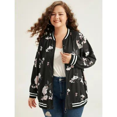 Bloomchic Women's Plus Size Floral Contrast Trim O Ring Zipper Jacket Black Elastic Cuffs 10/m