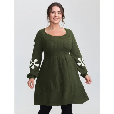Bloomchic Women's Plus Size Floral Cord Embroidered Cinched-waist Sweater Dress Armygreen Floral Tunic Texture