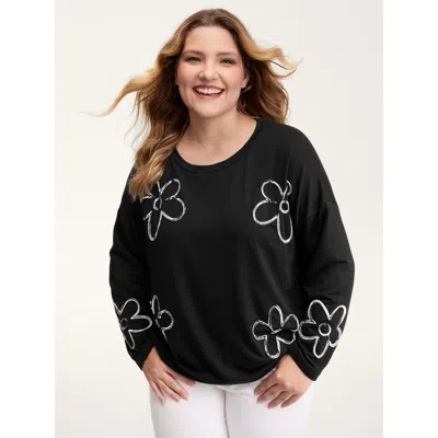 Bloomchic Women's Plus Size Floral Cord Embroidery Round Neck Sweatshirt Black Casual 18-20/2x