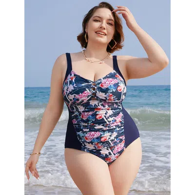 Bloomchic Floral Crisscross Front Ruched Sculpt Waist One Piece Swimsuit In Purple