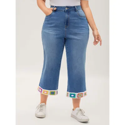 Bloomchic Women's Plus Size Floral Crochet Hem Bootcut Jeans Denimlightblue Wide Leg High Stretch 10/m