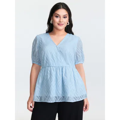 Bloomchic Women's Plus Size Floral Cut Fabric Stretchy Waist Flared Blouse Lightblue Synthetic Texture Elegant In Blue