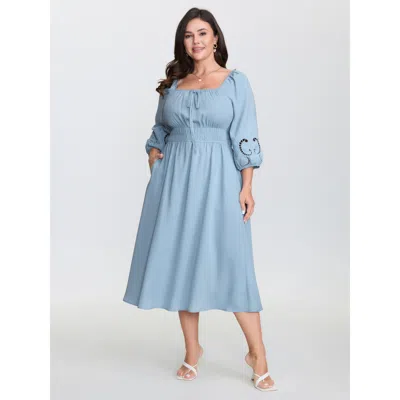 Bloomchic Women's Plus Size Floral Cut-out Embroidery Stretchy Waist Midi Dress Lightblue Solid Midi Elegant B In Blue