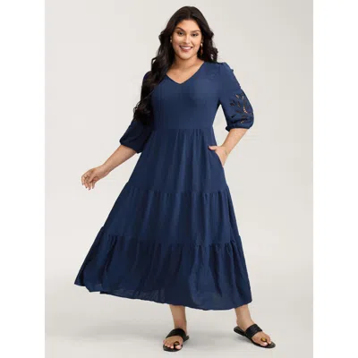 Bloomchic Women's Plus Size Floral Cut-out Embroidery Tiered Maxi Dress Indigo Non Maxi Vacation Gathered 12/l In Purple