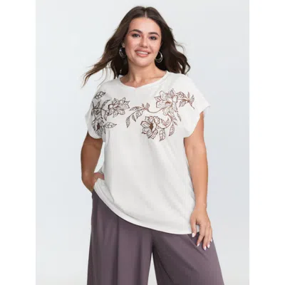 Bloomchic Women's Plus Size Floral Cut-out Embroidery T-shirt Whitesmoke Synthetic Texture Casual Cap Sleeve 1