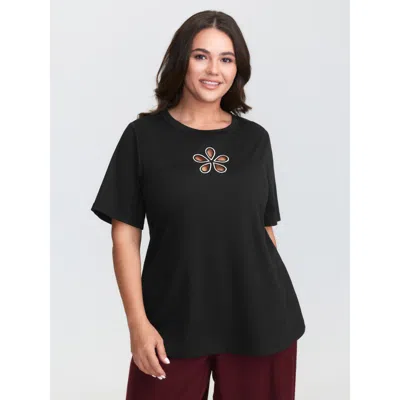 Bloomchic Women's Plus Size Floral Cut-out Motif Plain T-shirt Black Solid Casual Short Sleeve Round Neck 22-2