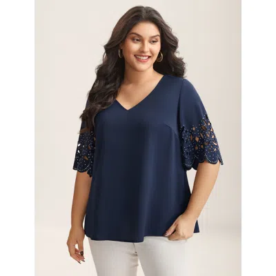 Bloomchic Women's Plus Size Floral Cut-out Sequin Solid Blouse Darkblue Non Elegant 3/4 Sleeve 10/m In Blue