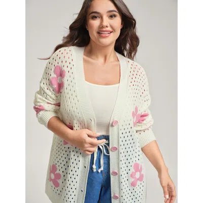 Bloomchic Women's Plus Size Floral Cut-out Textured Knit Cardigan Apricot Long Sleeve 14-16/1x In Orange