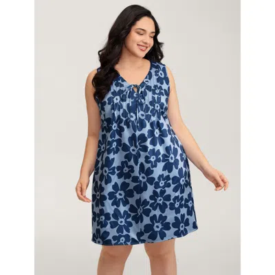 Bloomchic Women's Plus Size Floral Denim-like Knee-length Dress Mediumblue Floral Short Casual Tucked Seam 10/