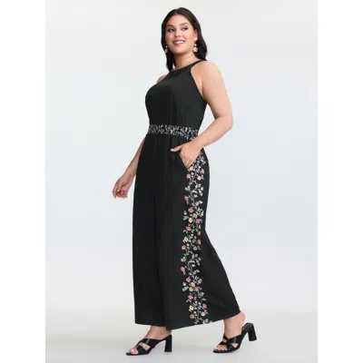 Bloomchic Women's Plus Size Floral Detail Patchwork Halter Neck Jumpsuit Black Elegant 10/m