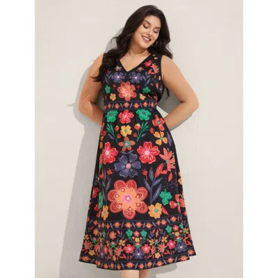 Bloomchic Women's Plus Size Floral Drama Cinched-waist Maxi Dress Black Vacation Non 18-20/2x