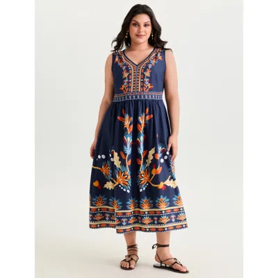 Bloomchic Women's Plus Size Floral Drama Cinched-waist Maxi Dress Darkblue Vacation Non 22-24/3x In Blue