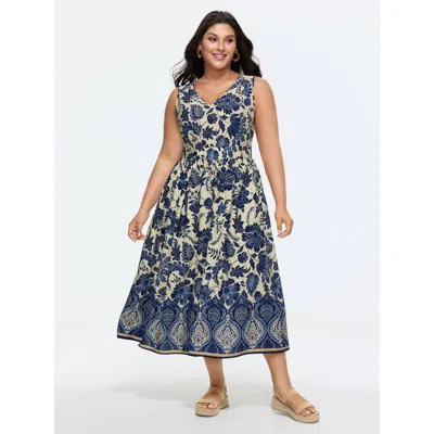 Bloomchic Women's Plus Size Floral Drama Cinched-waist Maxi Dress Indigo Vacation Non 10/m In Purple