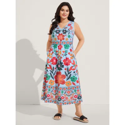 Bloomchic Women's Plus Size Floral Drama Cinched-waist Maxi Dress Lightblue Vacation Non 10/m In Blue