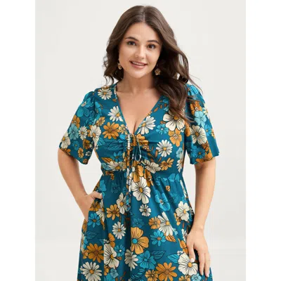 Bloomchic Women's Plus Size Floral Drawstring Bodice Side Slit Midi Dress Navy Floral Midi Elegant Ruched 30/6 In Blue