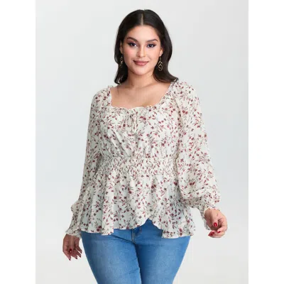 Bloomchic Women's Plus Size Floral Drawstring Neckline Shirred Blouse Whitesmoke Ditsy Floral Elegant Long Sle