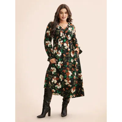 Bloomchic Women's Plus Size Floral Elastic Waist Frill Trim Midi Dress Blackflower Floral Midi Everyday Frill 