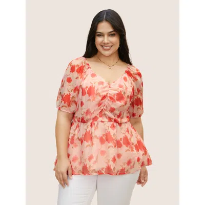 Bloomchic Women's Plus Size Floral Elastic Waist Mesh Ruched Blouse Multicolor Floral Everyday Short Sleeve 12