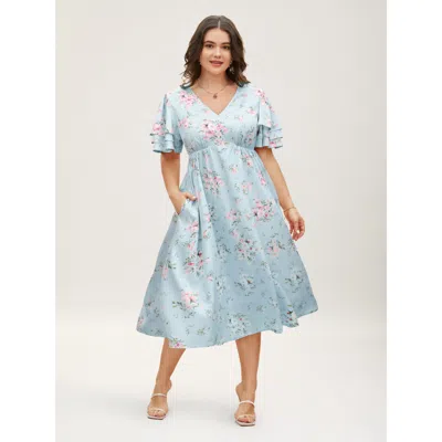 Bloomchic Women's Plus Size Floral Elastic Waist Tiered Ruffle Sleeve Dress Lightblue Floral Midi Elegant Ruff In Blue