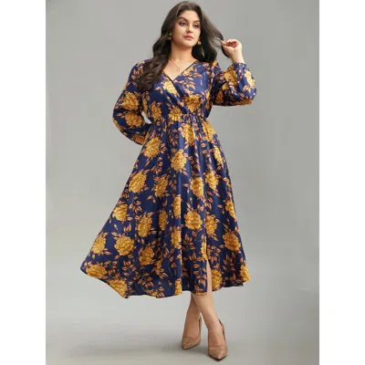 Bloomchic Women's Plus Size Floral Elastic Waist Wrap Split Hem Dress Darkblue Dailywear Elastic Cuffs 18-20/2 In Blue